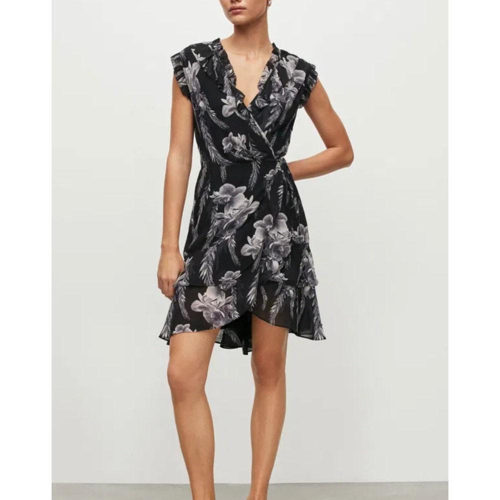 AllSaints Ari Sleeveless Mia Wrap Dress Viscose Ruffle Edge Floral Black Size 8